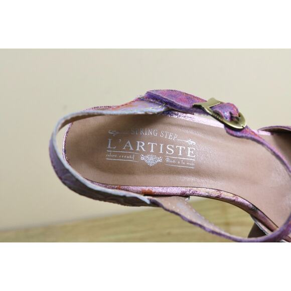 New L' Artiste Sandals 40 Leather Difi Floral Embellishment Gold Block Heel - Picture 7 of 12